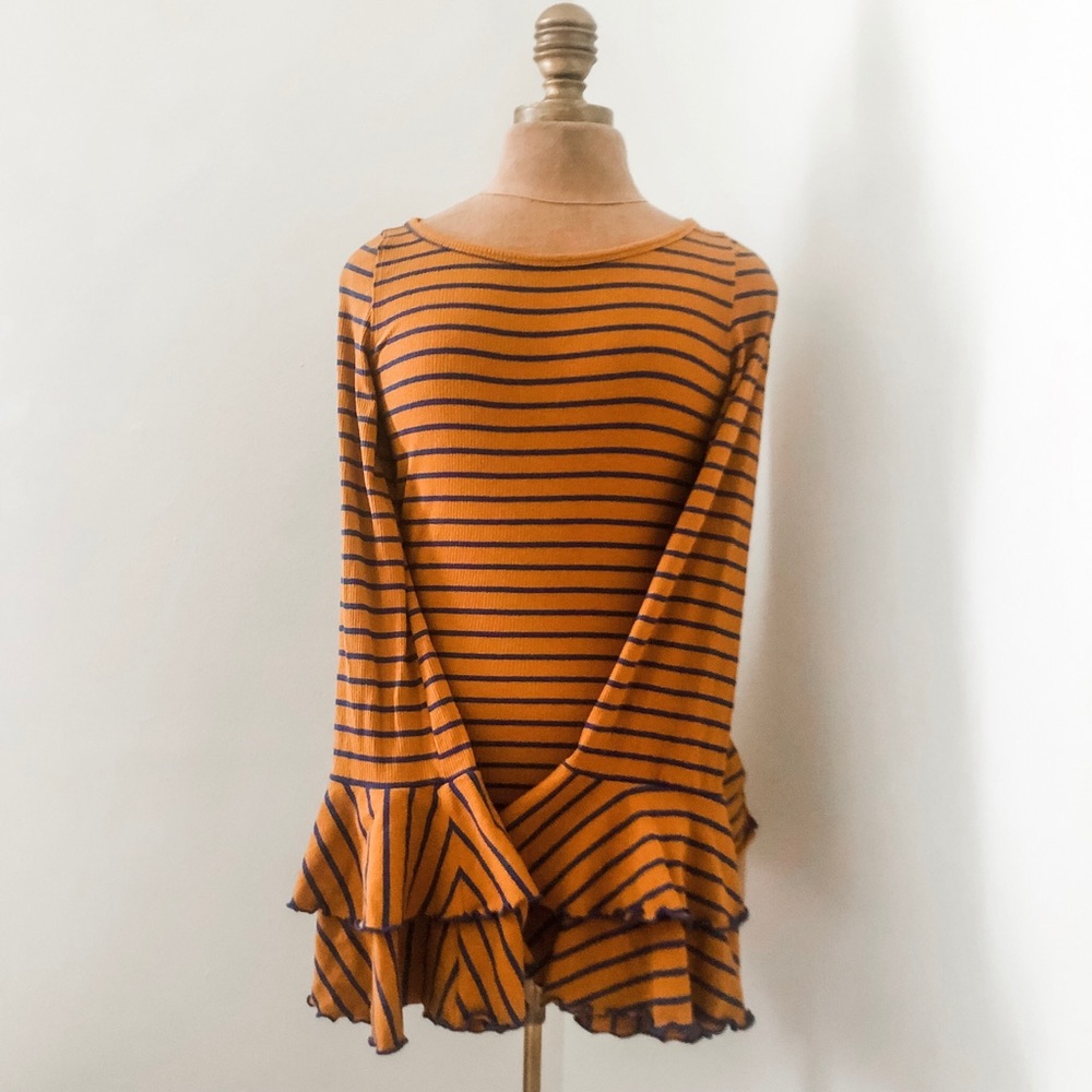 Golden Orange and Blue Striped Bell Sleeve Top